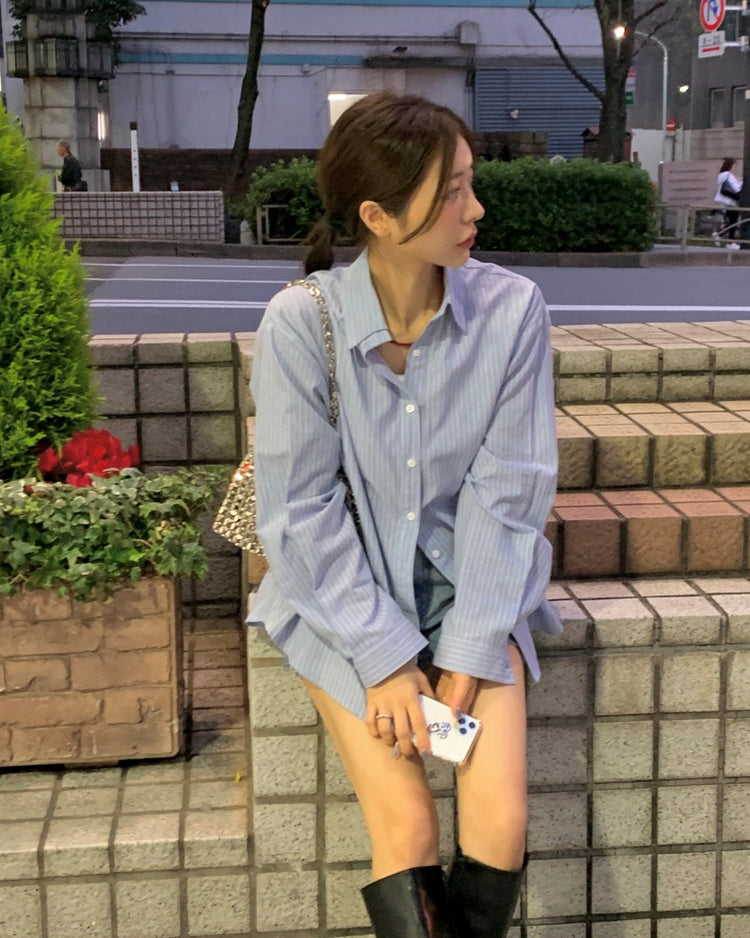 高質撞色條紋寬鬆襯衫