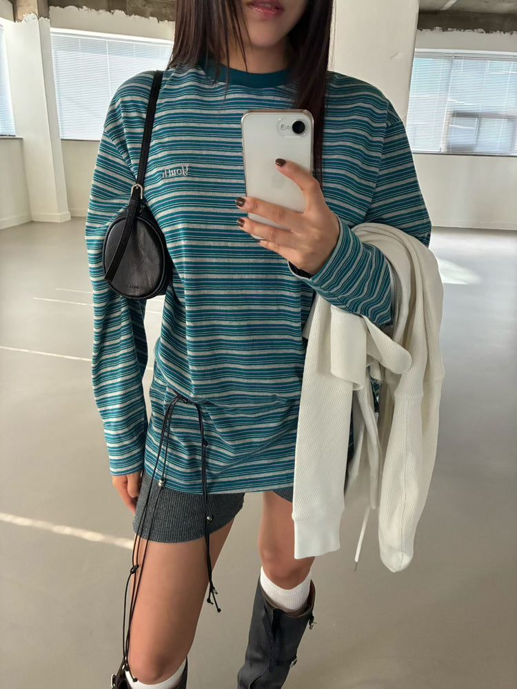 高質條紋撞色刺繡寬鬆上衣