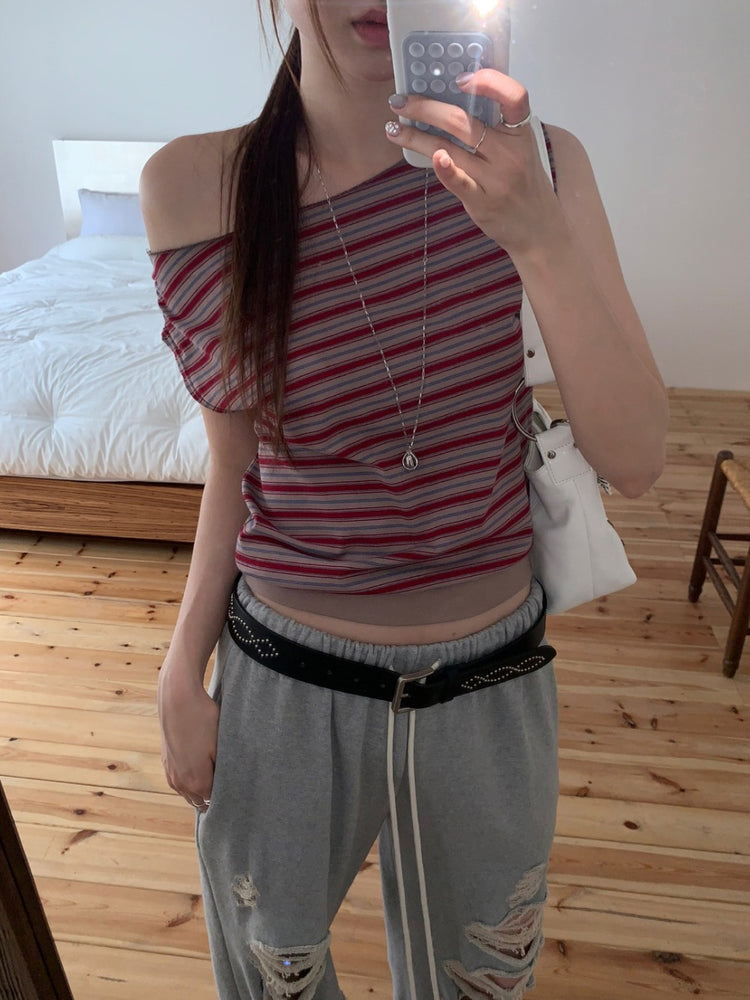美肩撞色條紋束口細節上衣