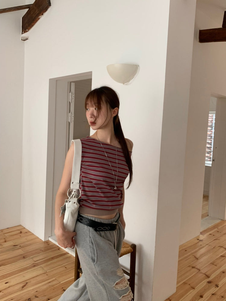 美肩撞色條紋束口細節上衣
