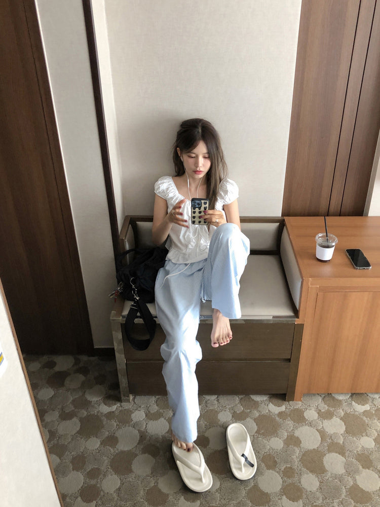 休閒感條紋垂帶直褲