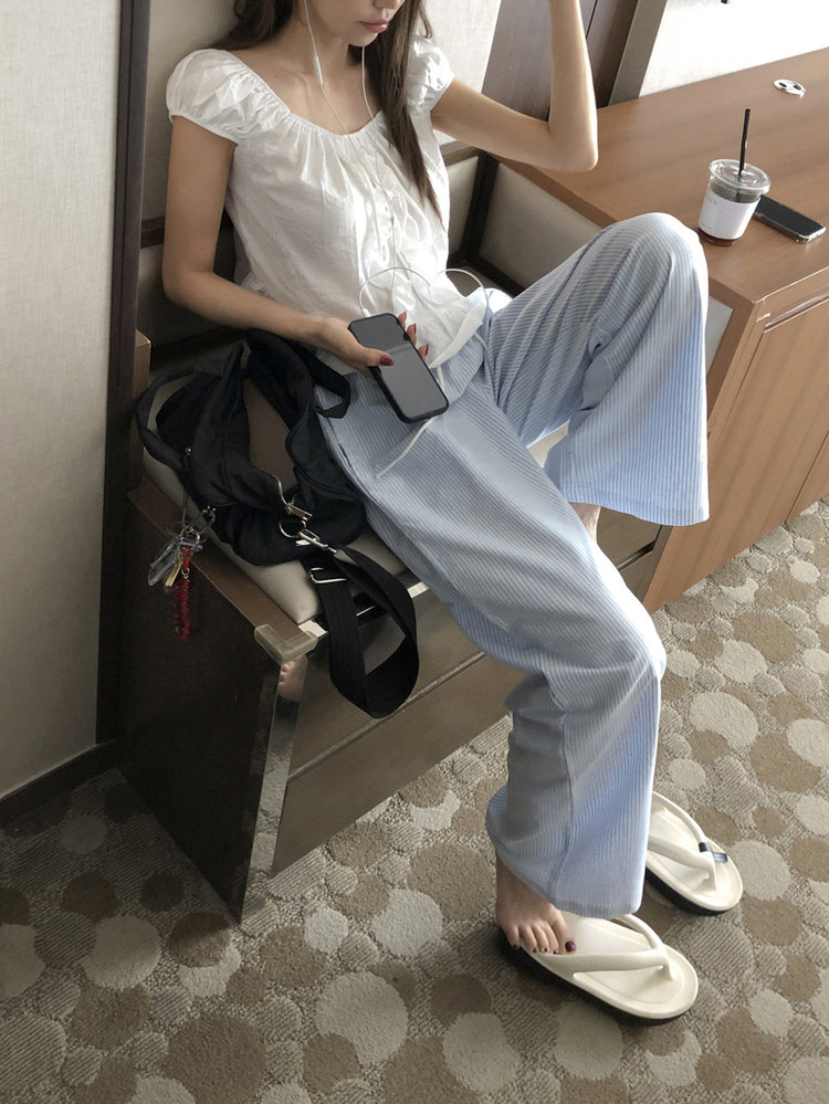 休閒感條紋垂帶直褲