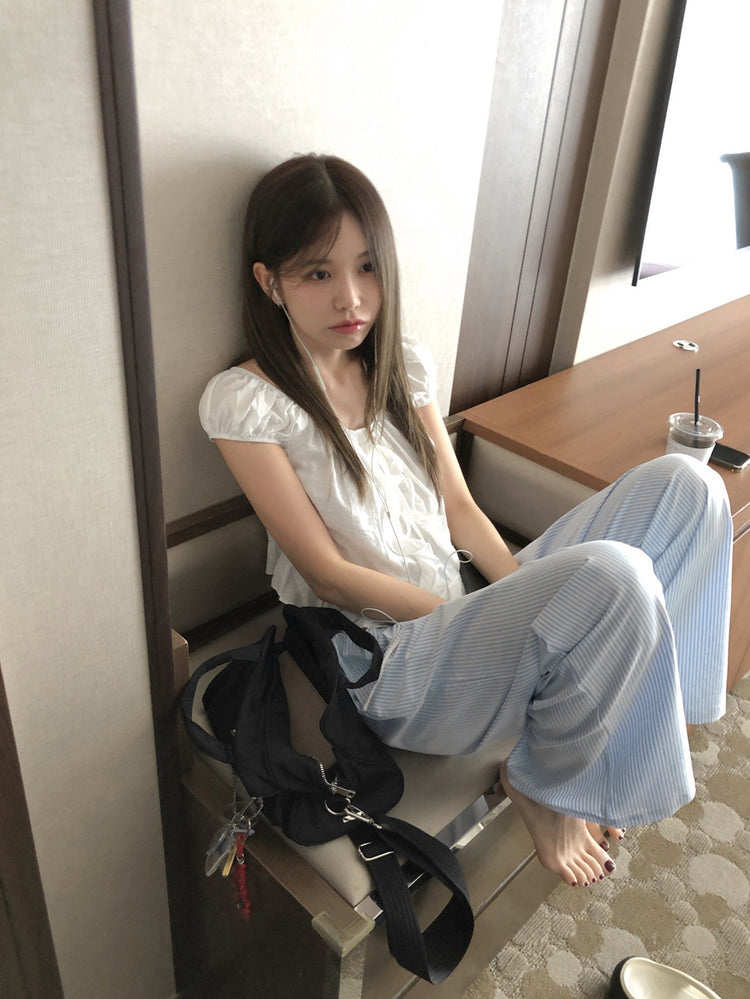 休閒感條紋垂帶直褲
