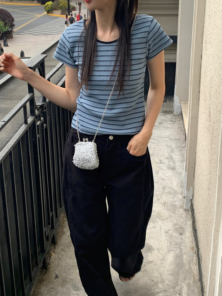 美背條紋撞色細節上衣