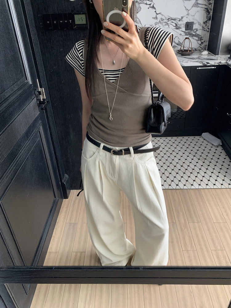 美鎖骨細節條紋上衣