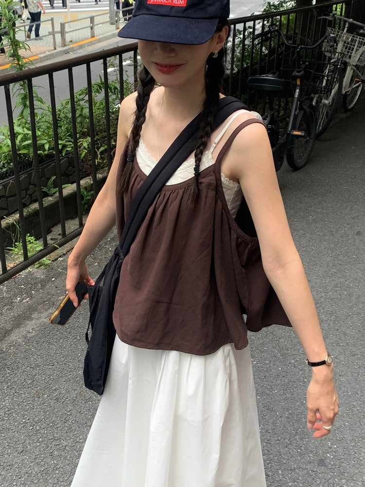 細肩帶壓褶寬鬆上衣