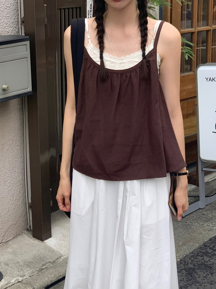 細肩帶壓褶寬鬆上衣