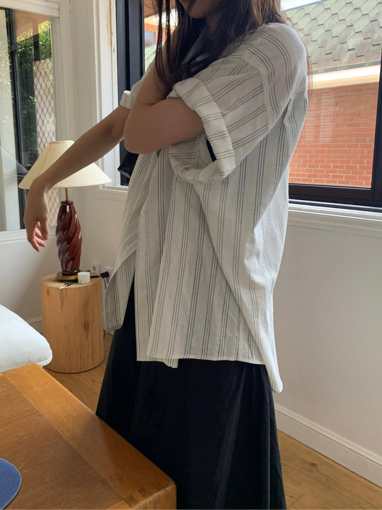 高質條紋寬鬆短袖襯衫