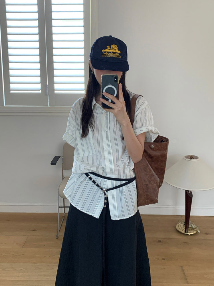 高質條紋寬鬆短袖襯衫