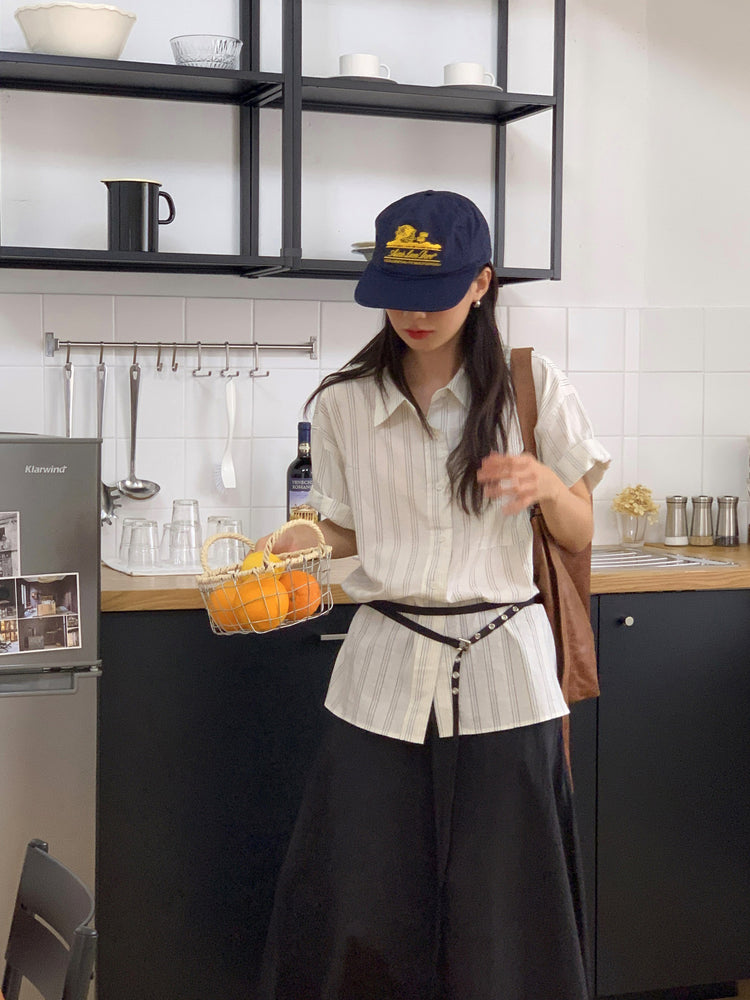 高質條紋寬鬆短袖襯衫