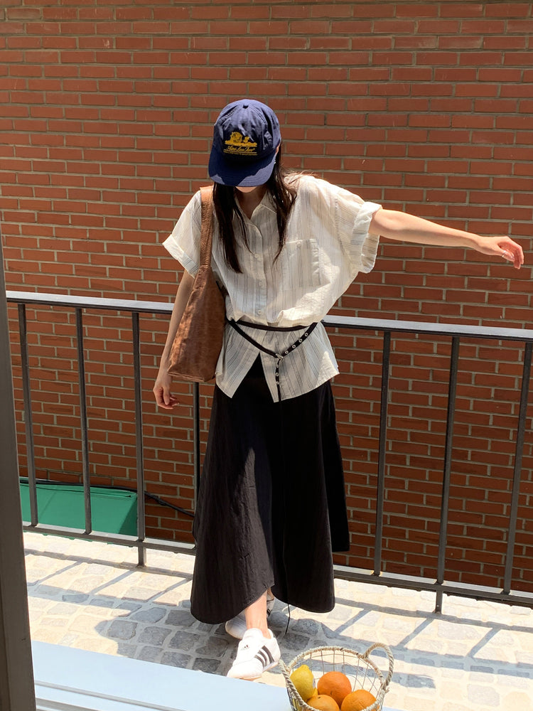 高質條紋寬鬆短袖襯衫