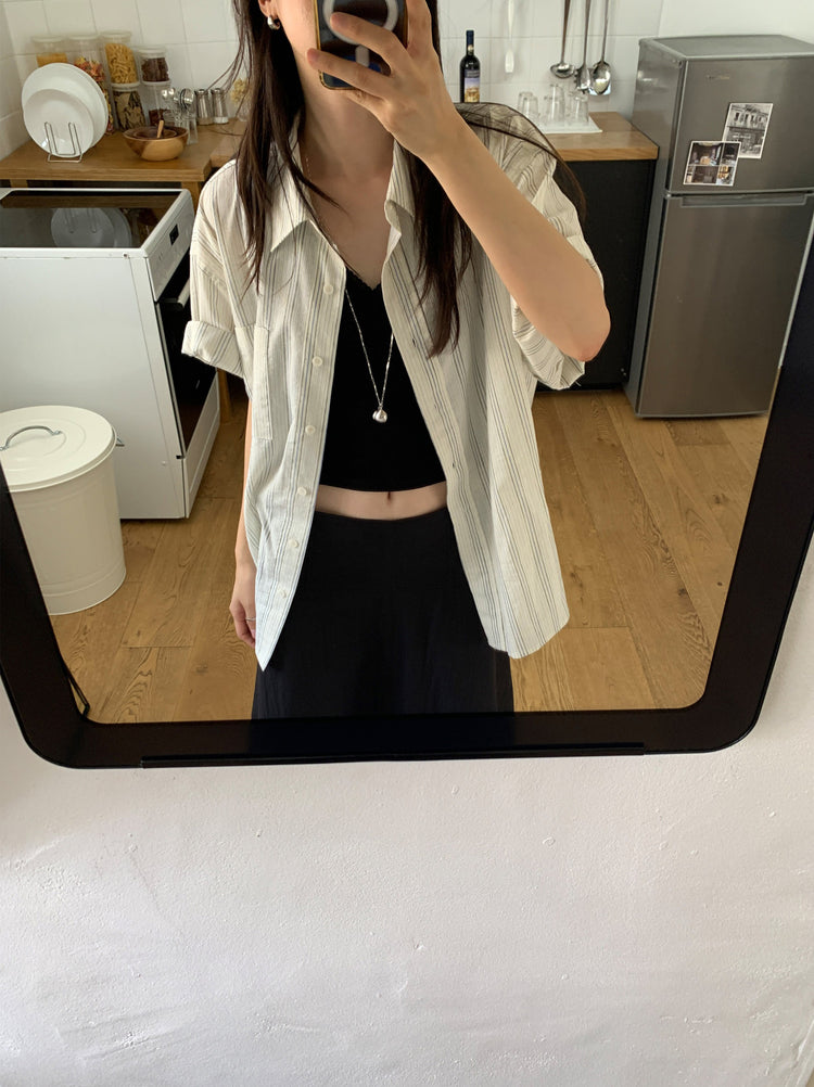 高質條紋寬鬆短袖襯衫