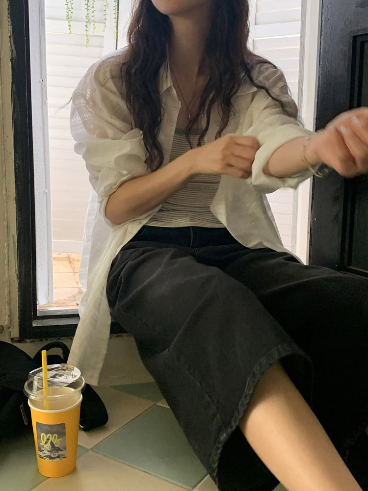 微透縷空格紋細節寬鬆襯衫