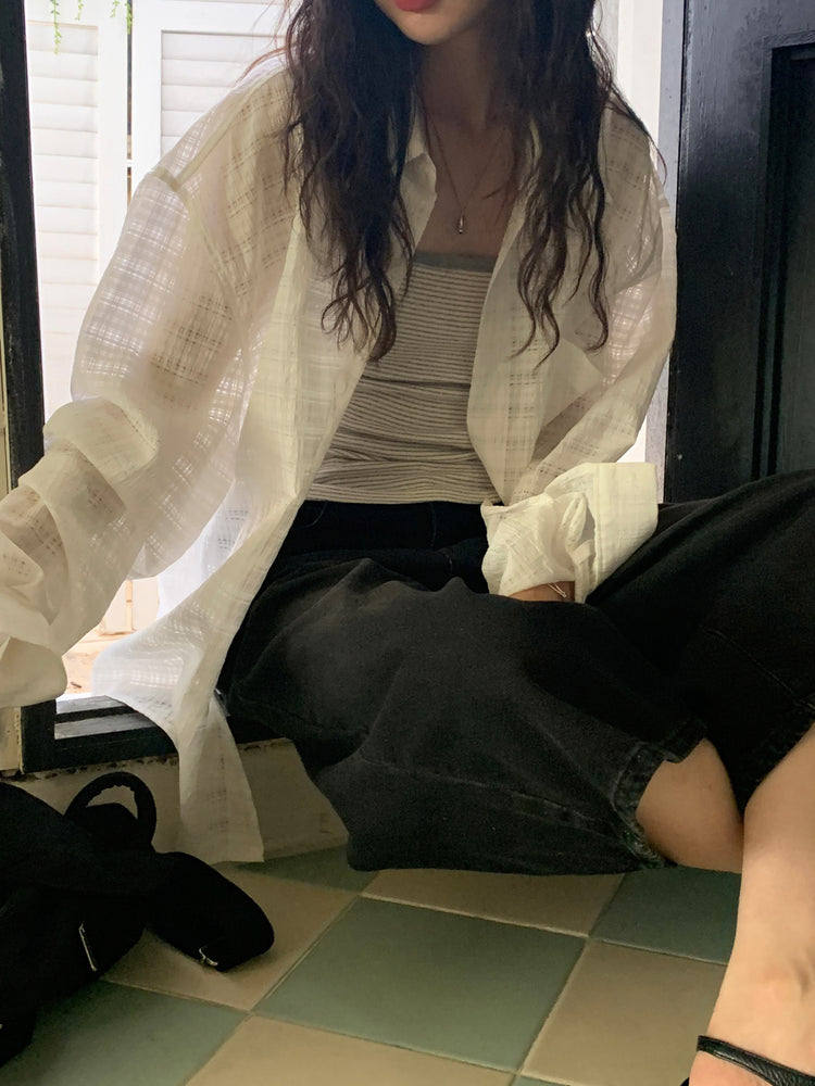 微透縷空格紋細節寬鬆襯衫