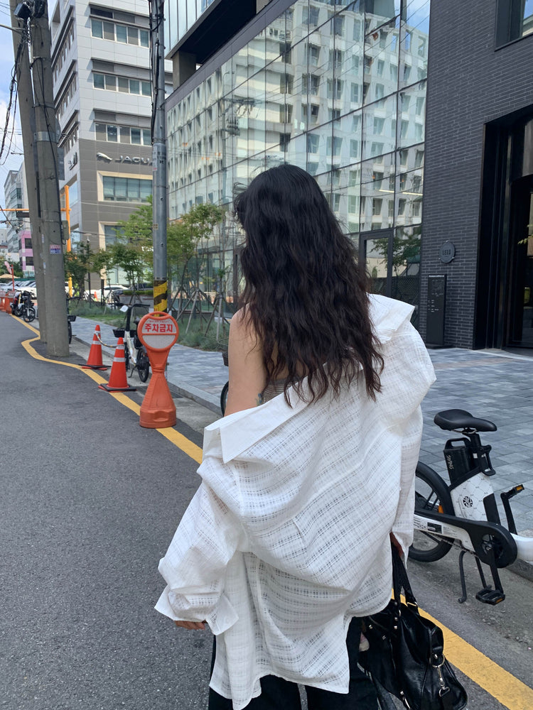 微透縷空格紋細節寬鬆襯衫