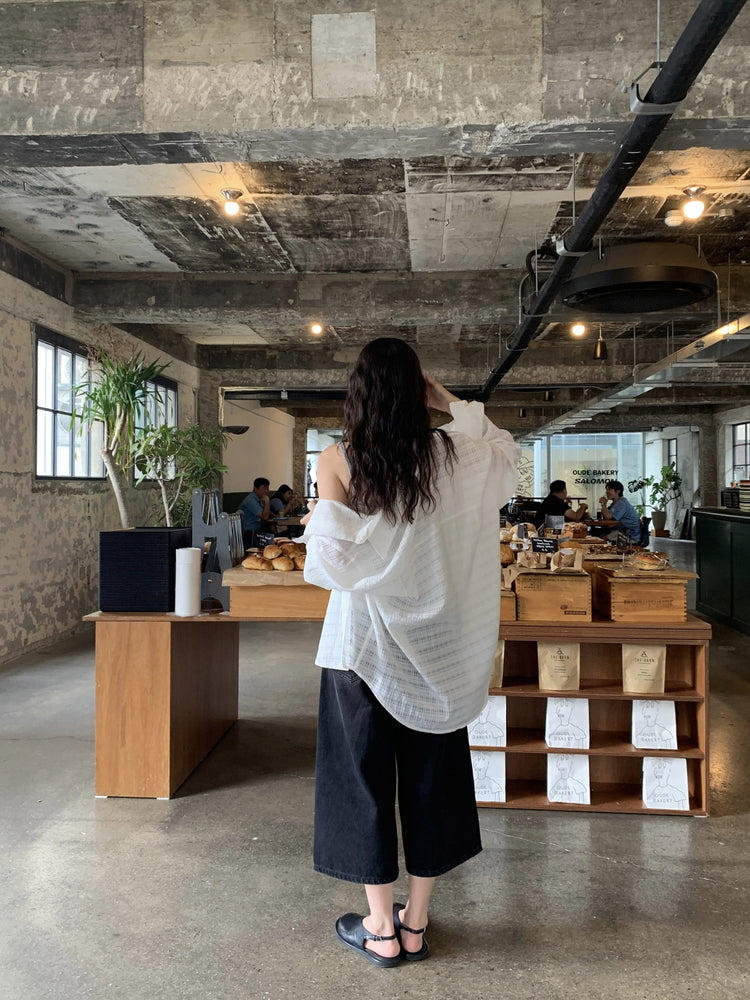 微透縷空格紋細節寬鬆襯衫