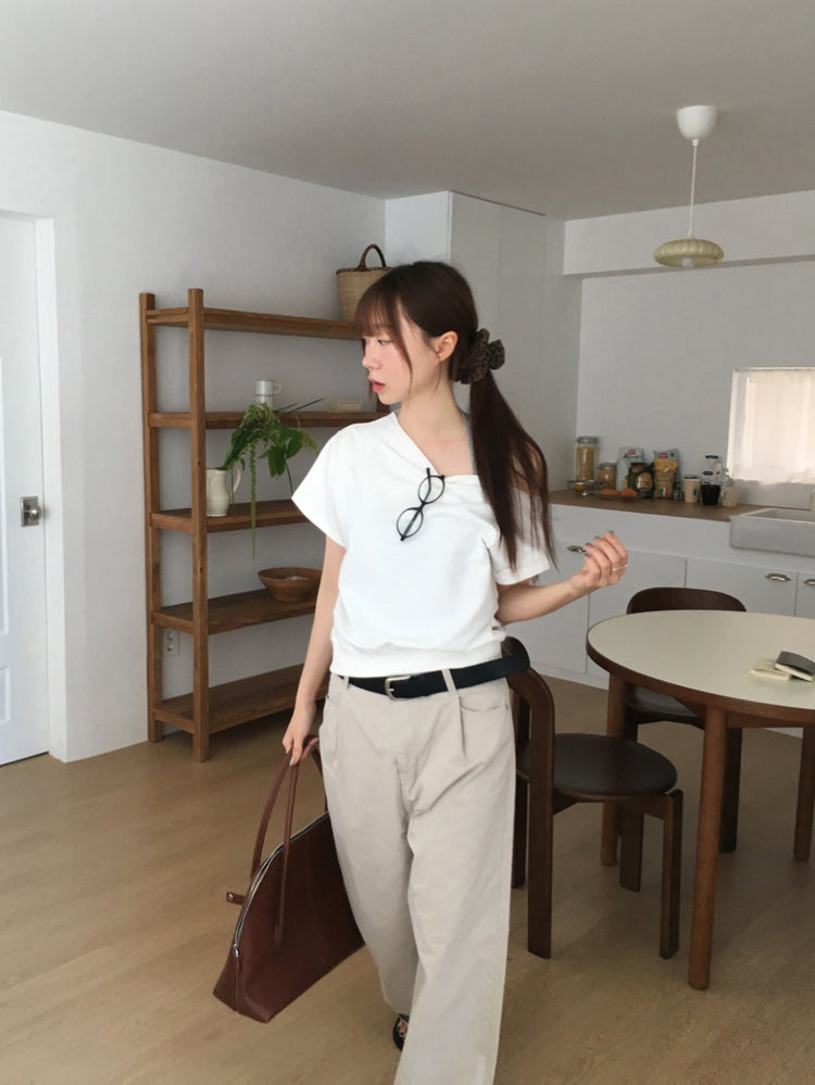 側露肩修腰休閒上衣