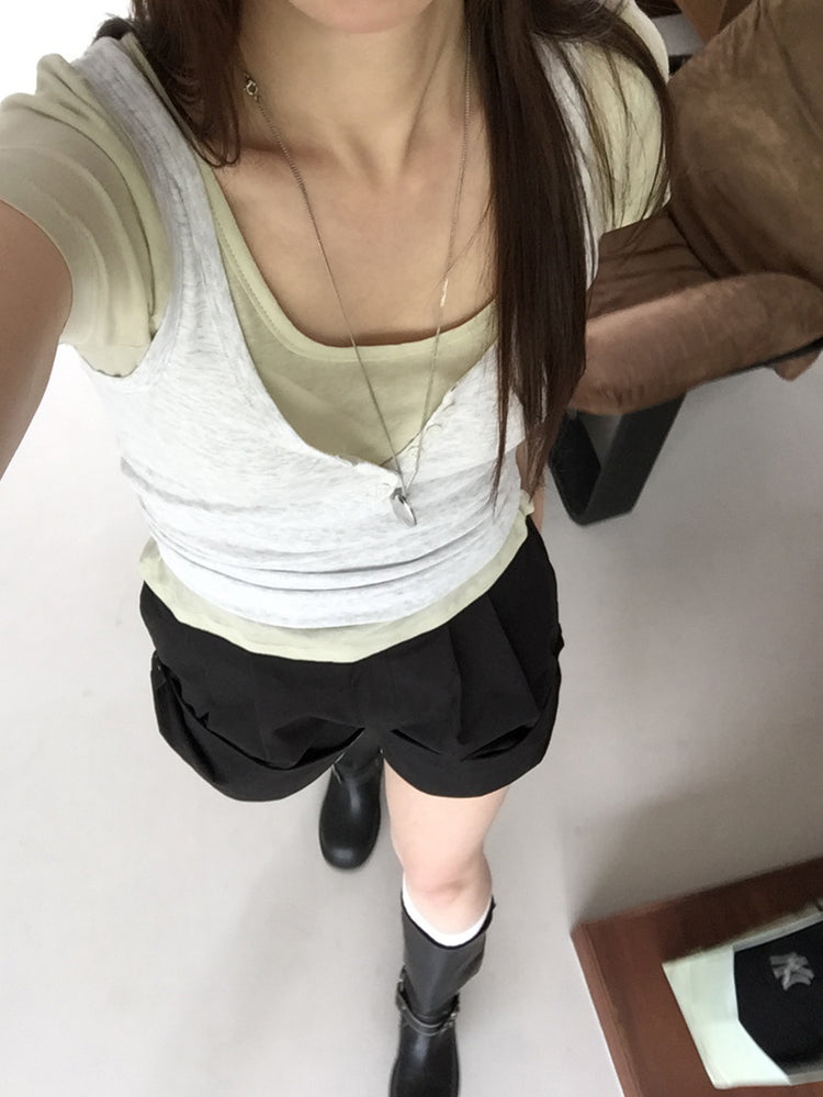 微透U領修腰上衣