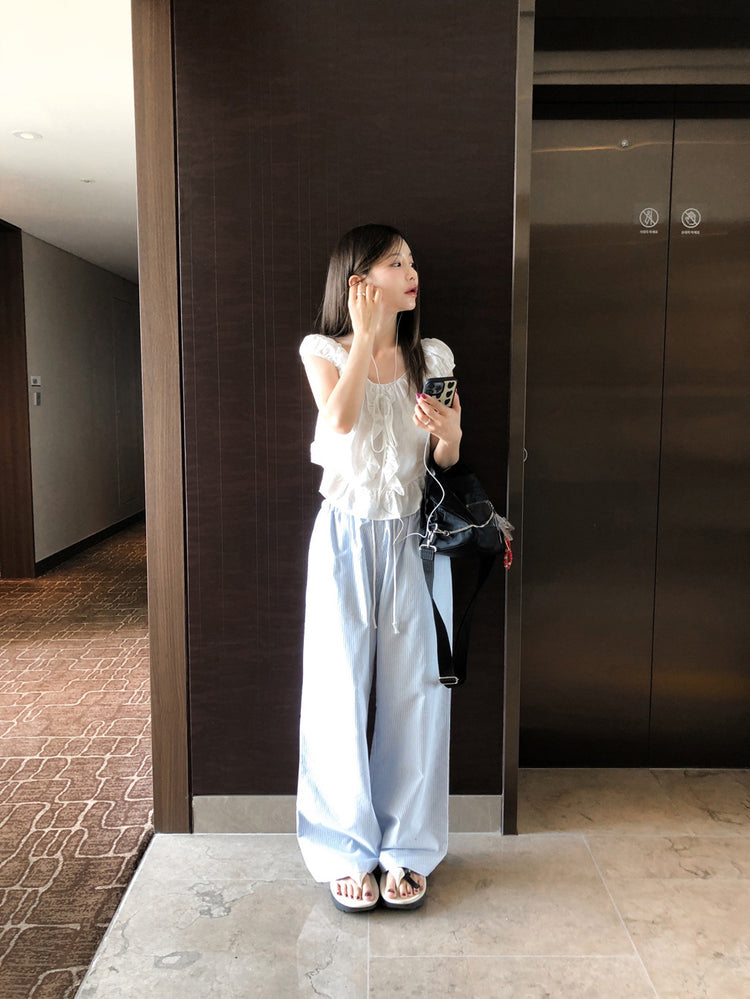 休閒感條紋垂帶直褲