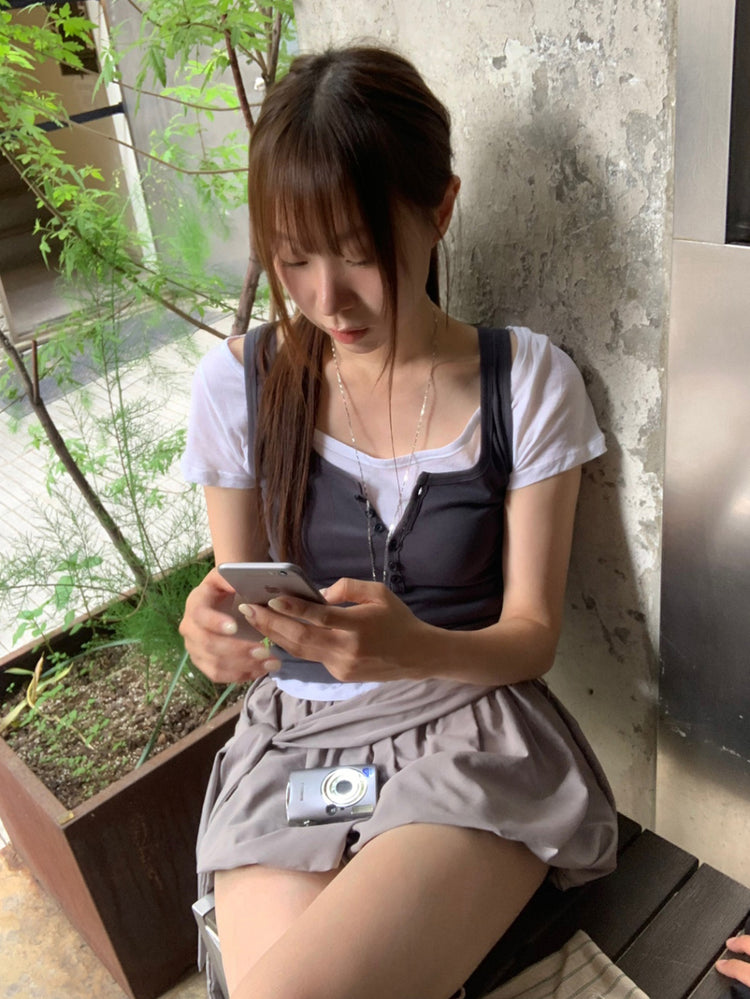 微透U領修腰上衣