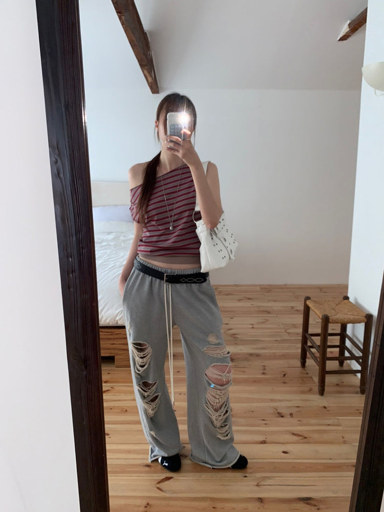 美肩撞色條紋束口細節上衣