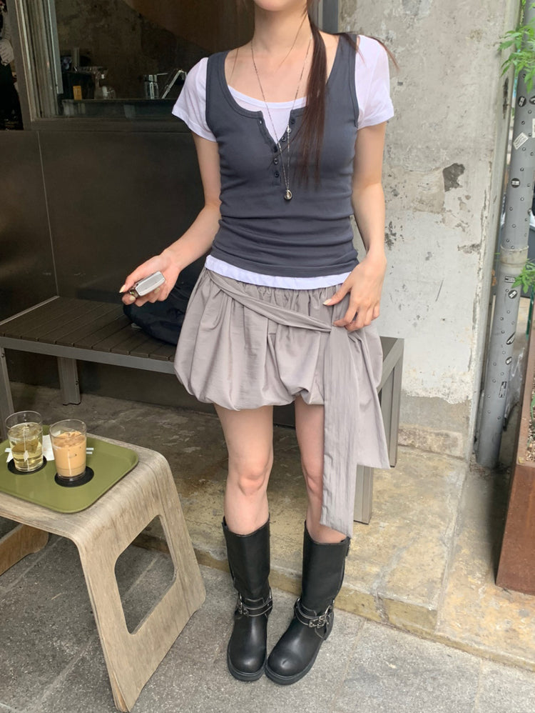 微透U領修腰上衣