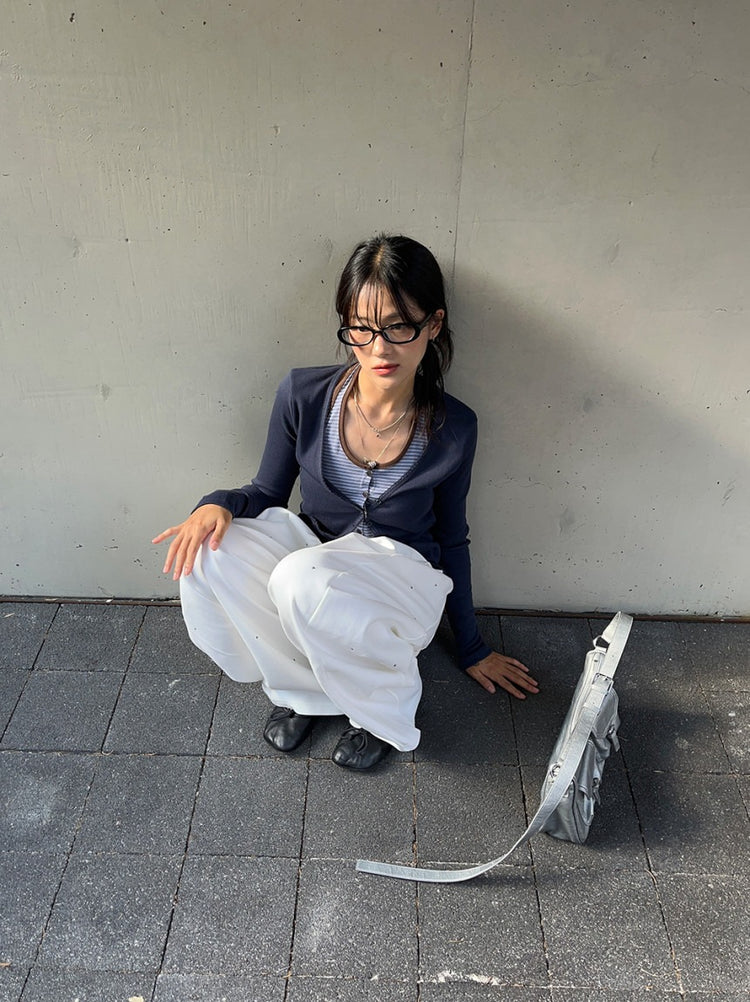 掛脖條紋撞色排鈕上衣
