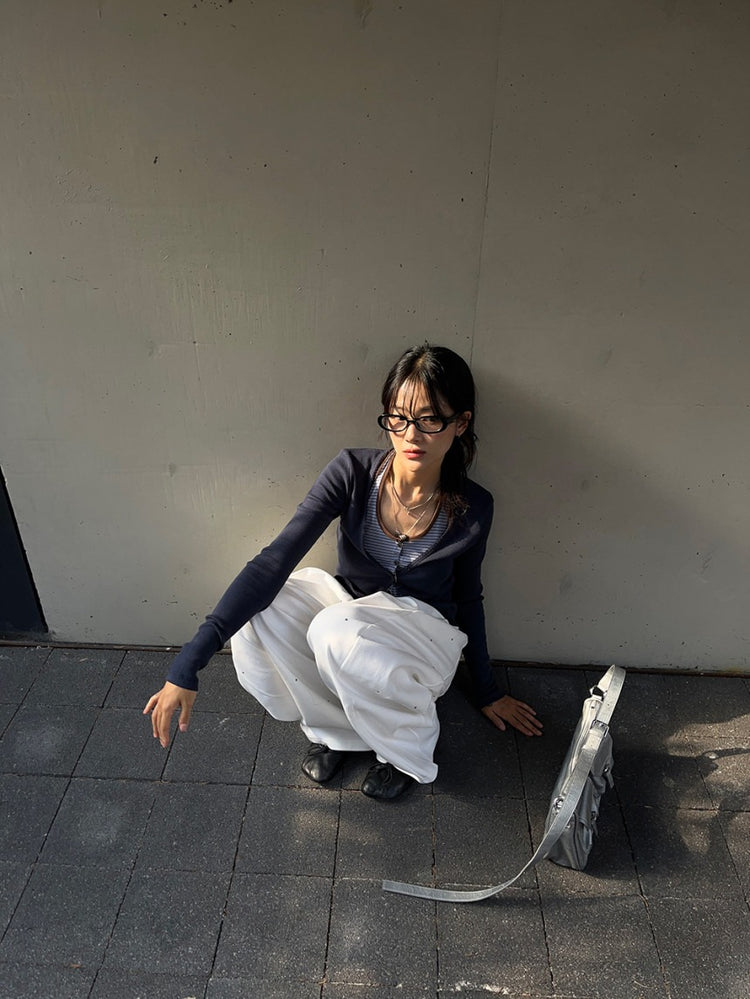 掛脖條紋撞色排鈕上衣