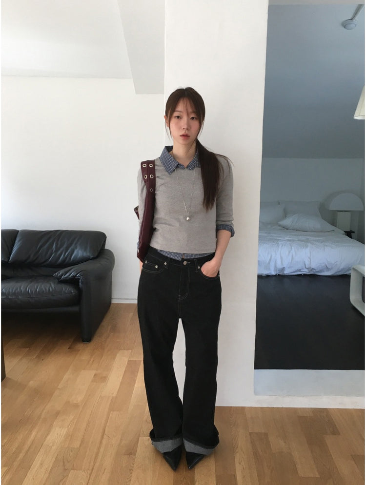翻領格紋修腰細節襯衫
