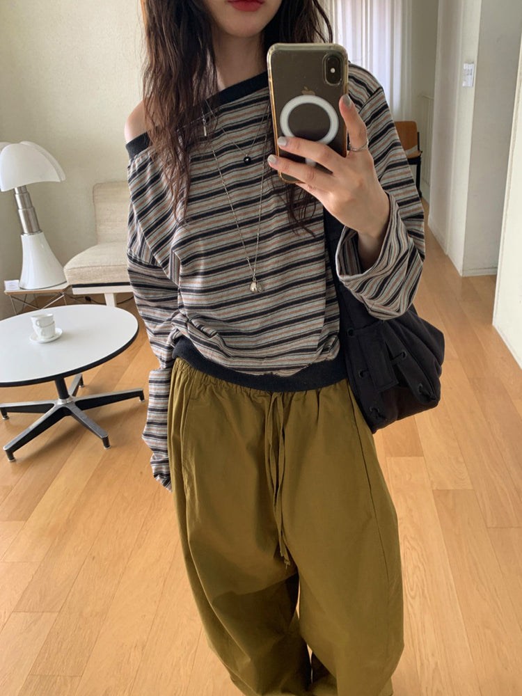 美肩條紋細節束口上衣