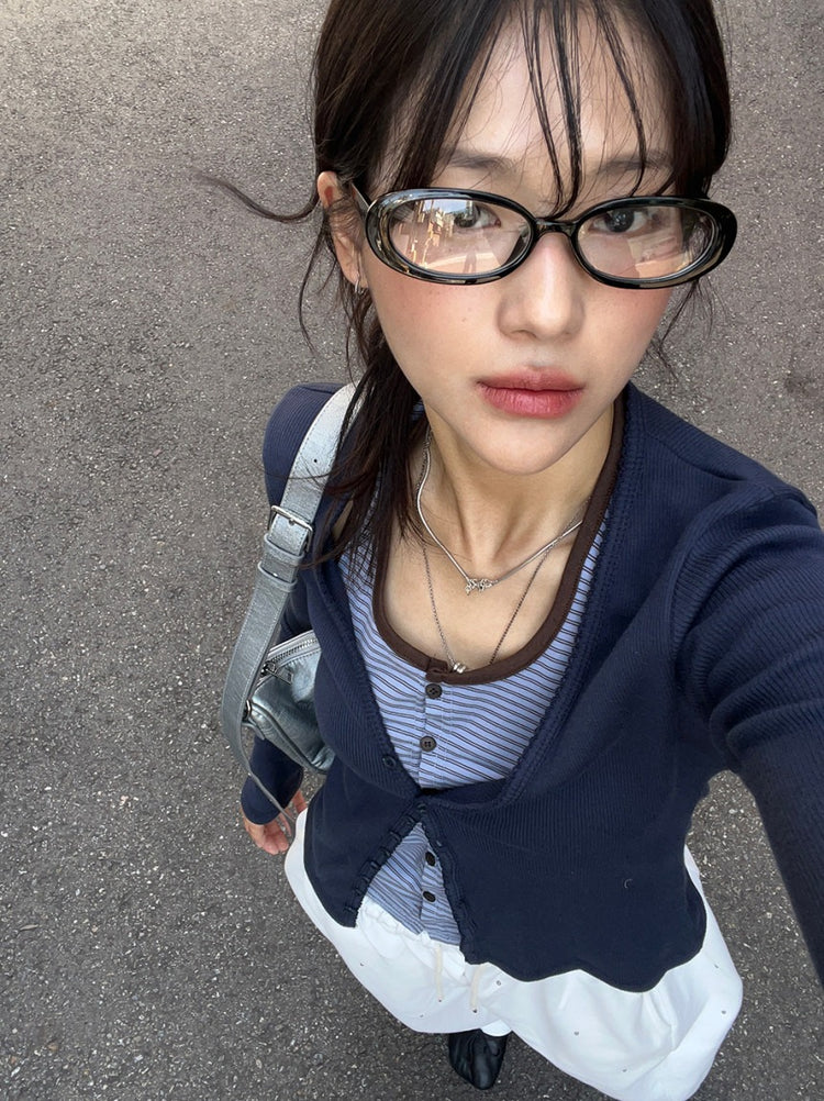掛脖條紋撞色排鈕上衣