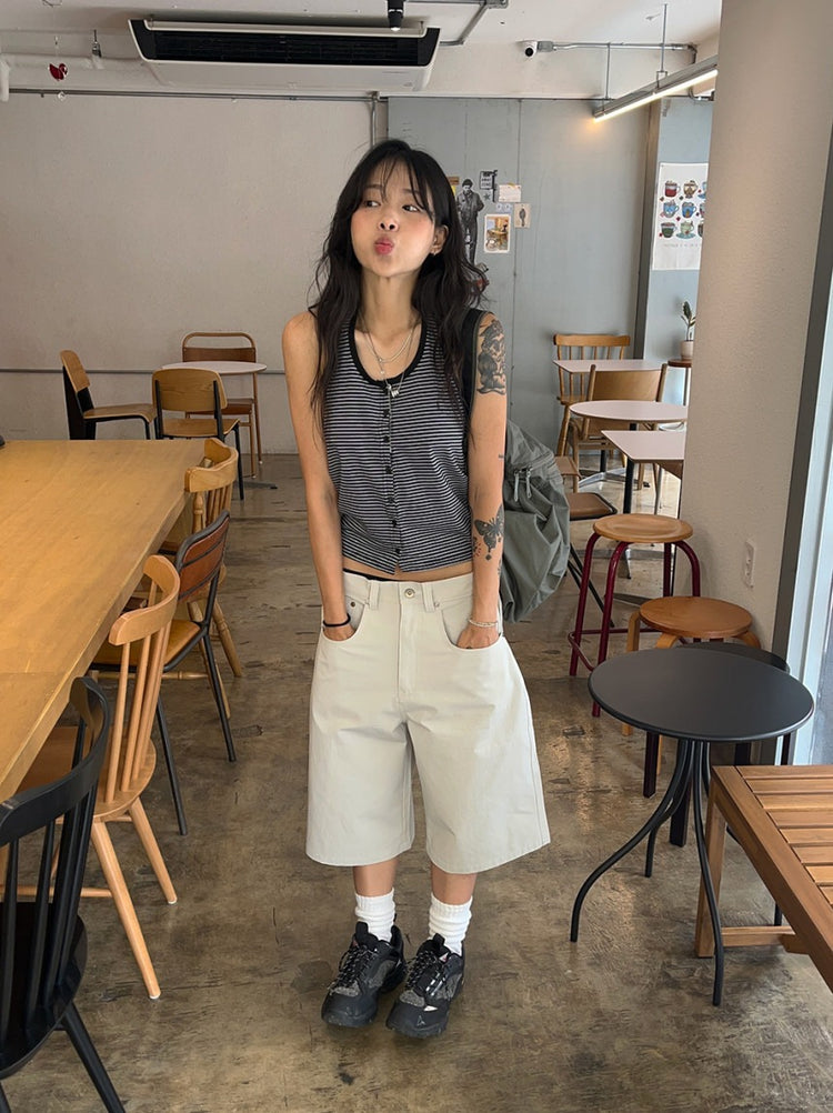掛脖條紋撞色排鈕上衣