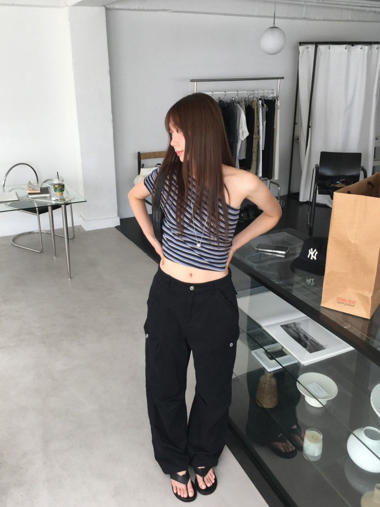 單肩反褶條紋修身上衣