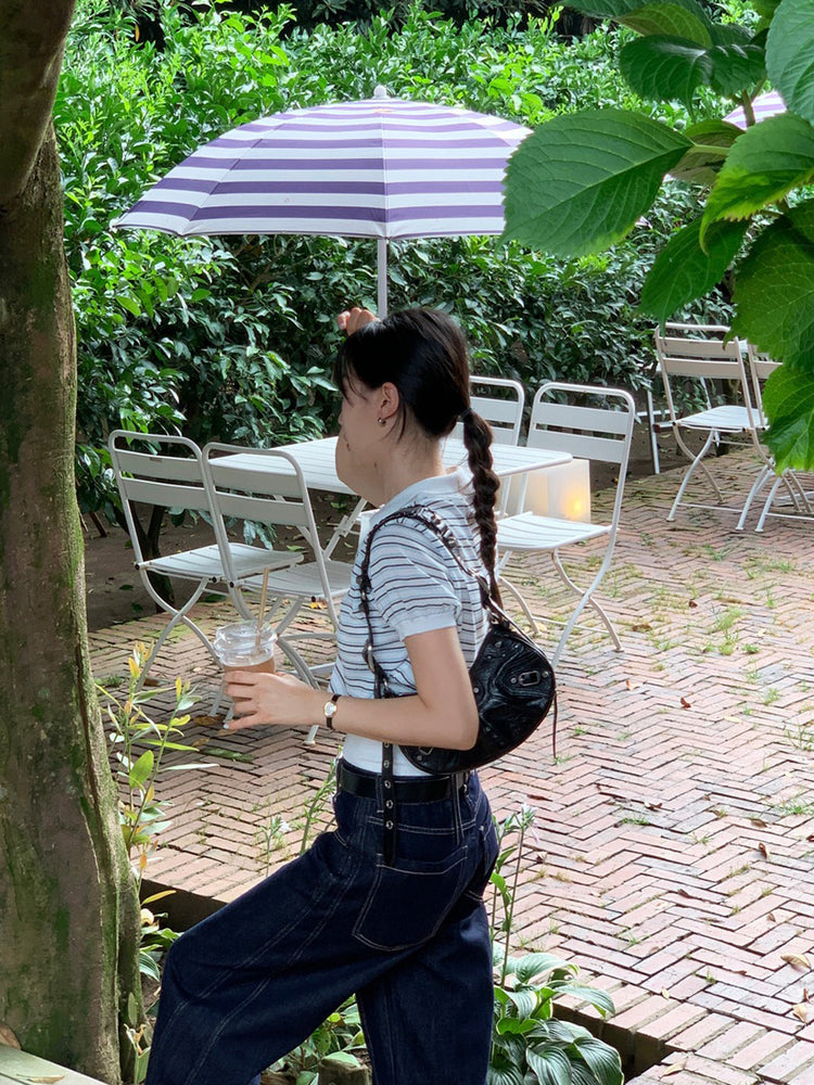 翻領條紋修腰細節上衣