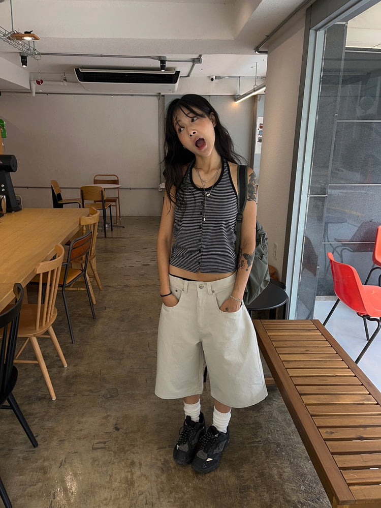 掛脖條紋撞色排鈕上衣
