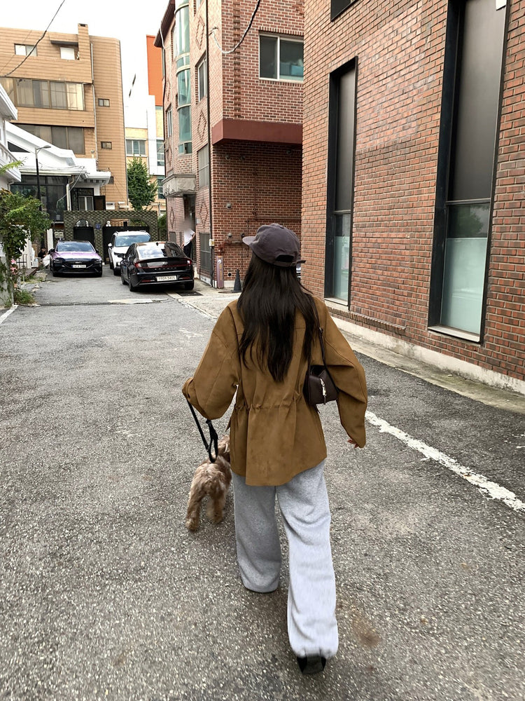 麂皮翻領抽繩細節中長外套