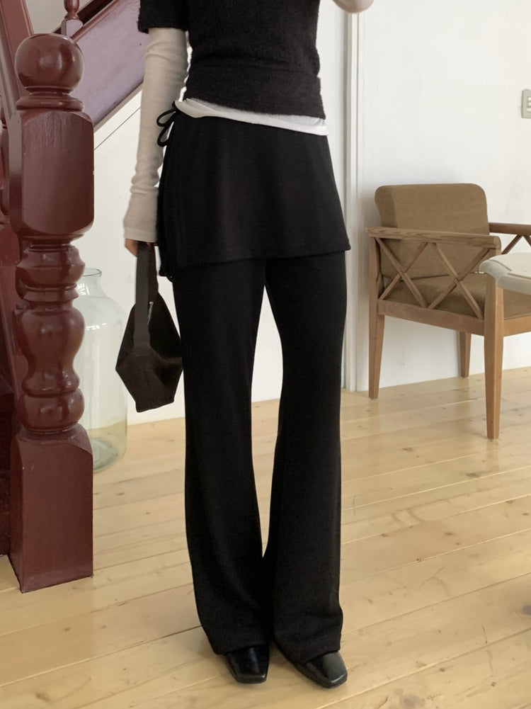 側綁帶細長腿假兩件裙褲