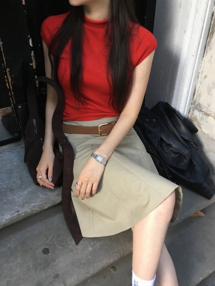 卷邊立領修身針織上衣