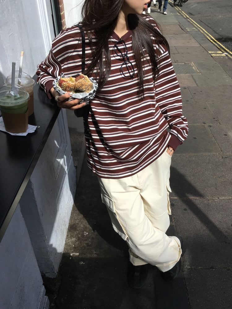 美色撞色條紋寬鬆上衣