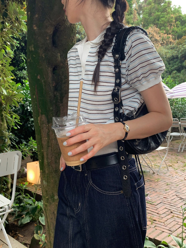 翻領條紋修腰細節上衣