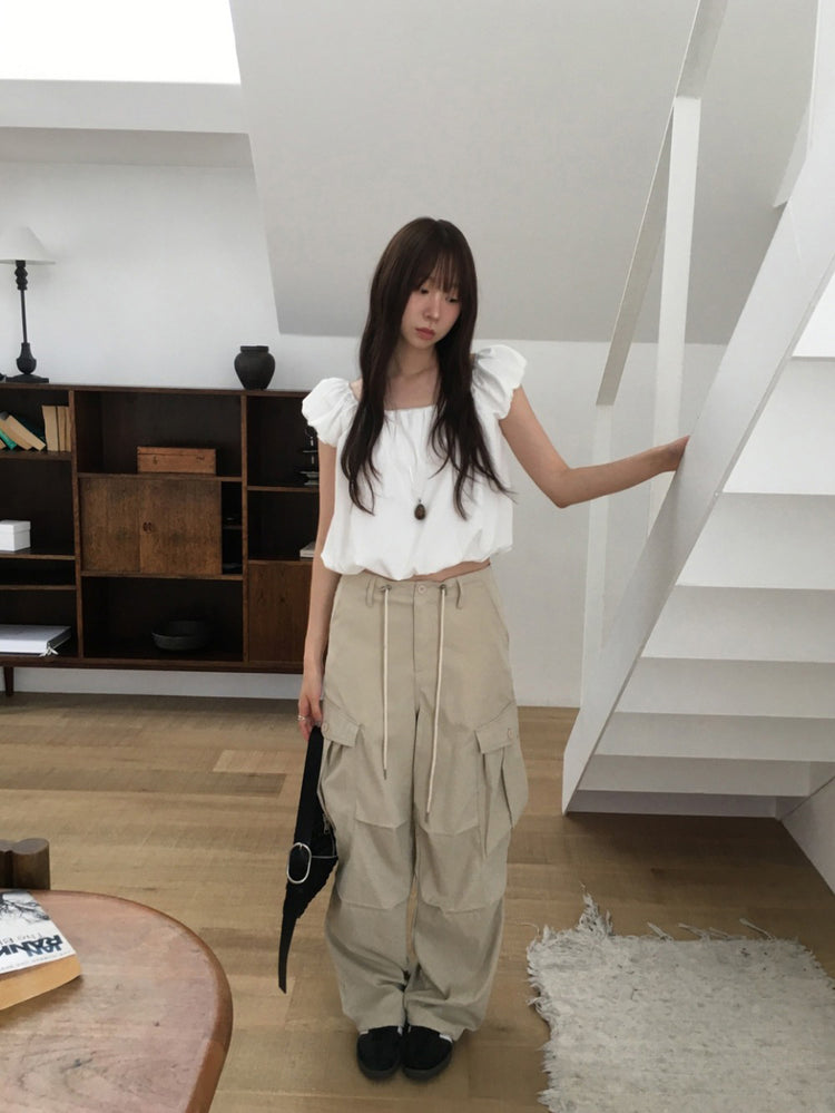 泡泡袖美背系帶上衣