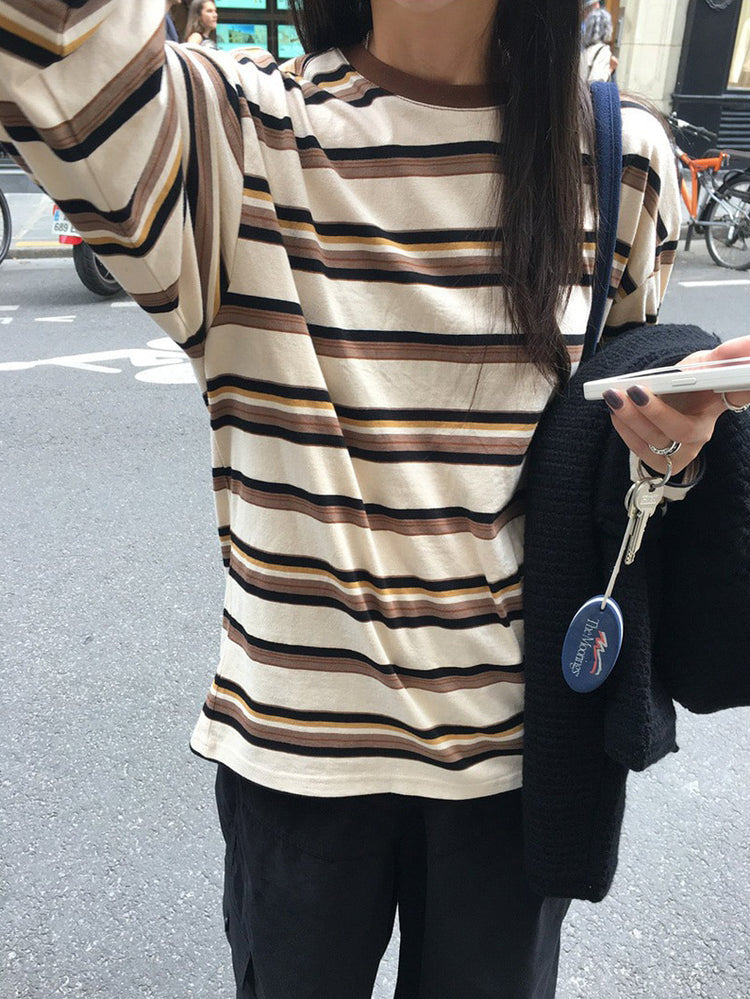 高質設計師品牌美色條紋寬鬆t