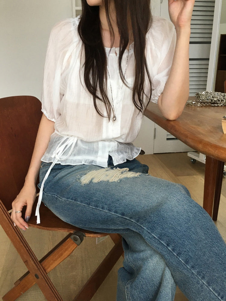 微透膚兩穿綁帶修腰上衣