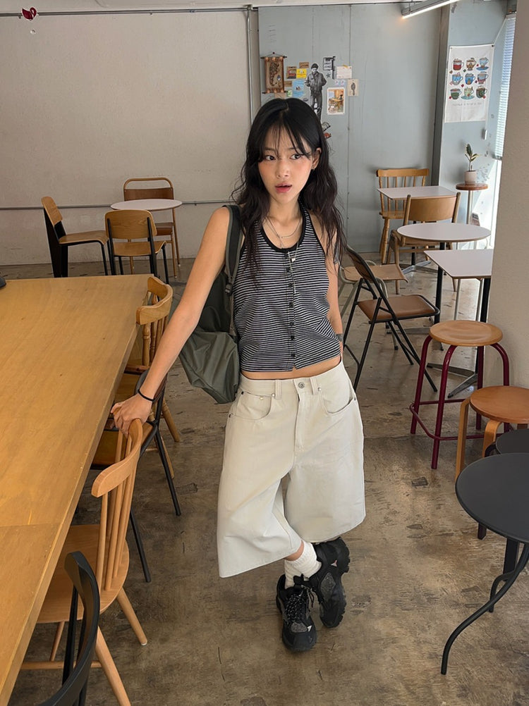 掛脖條紋撞色排鈕上衣