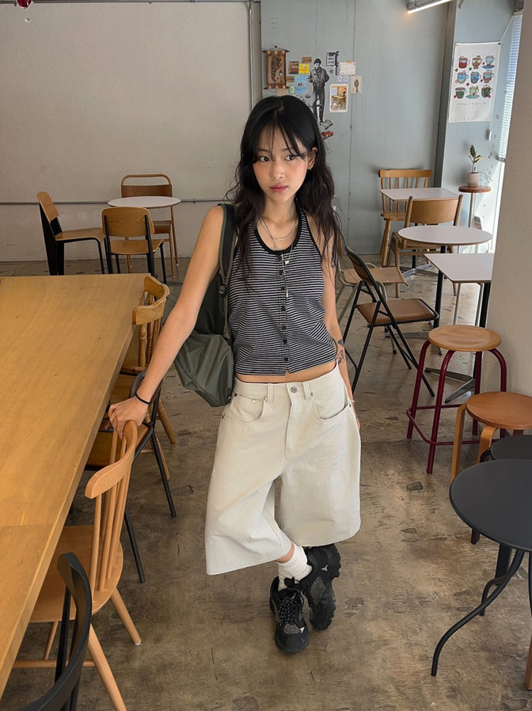 掛脖條紋撞色排鈕上衣