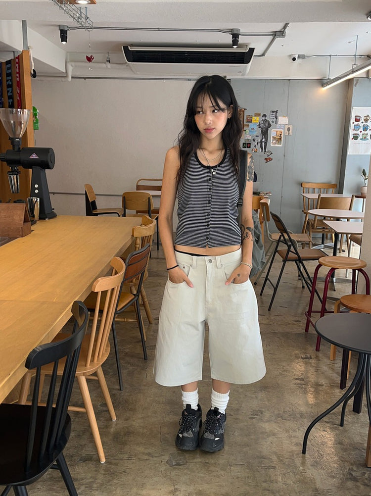 掛脖條紋撞色排鈕上衣