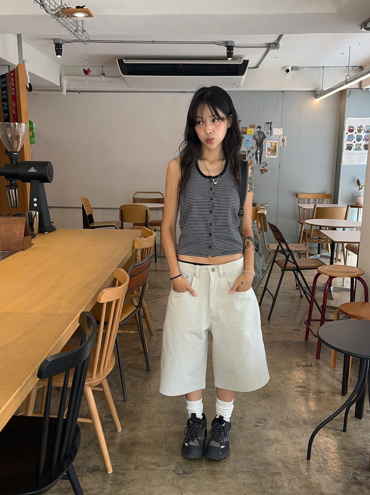 掛脖條紋撞色排鈕上衣