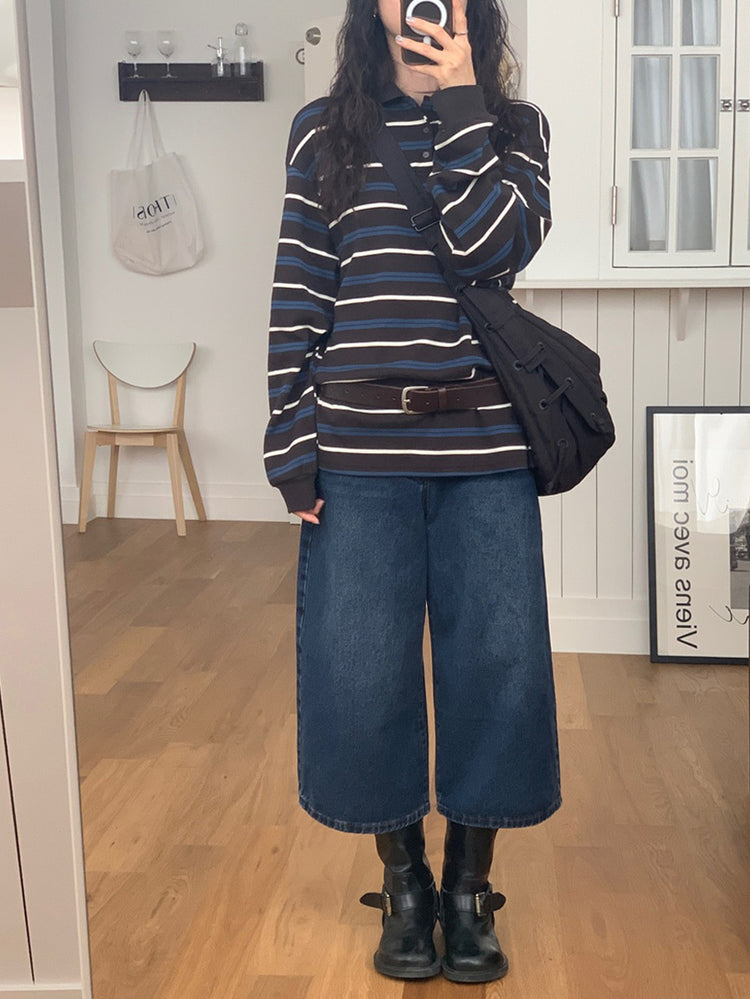 翻領撞色條紋寬鬆上衣