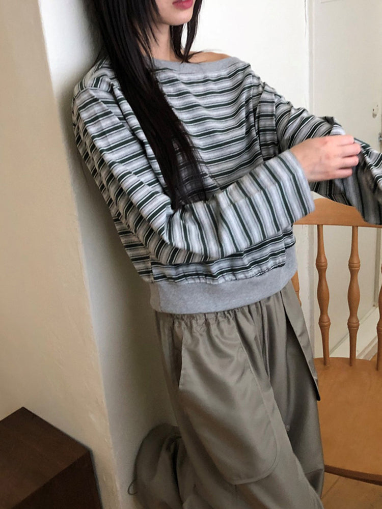 美肩條紋細節束口上衣