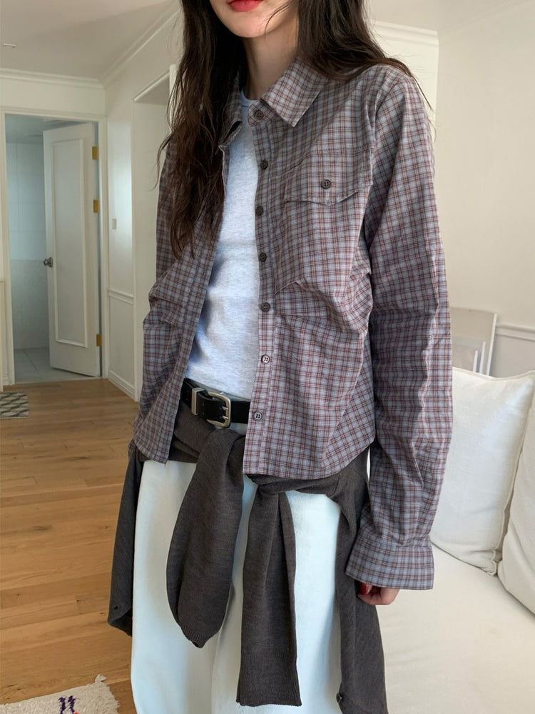 格紋側抓皺細節修身襯衫